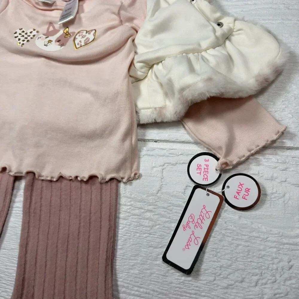 Little Lass Baby Girl 3-Piece Faux Fur Vest Outfit Pink Cheetah 6-9M NWT